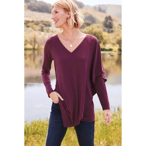Soft Surroundings Madeline Maroon V-Neck Draped Shoulder Asymmetric Tunic Size L - Picture 1 of 10